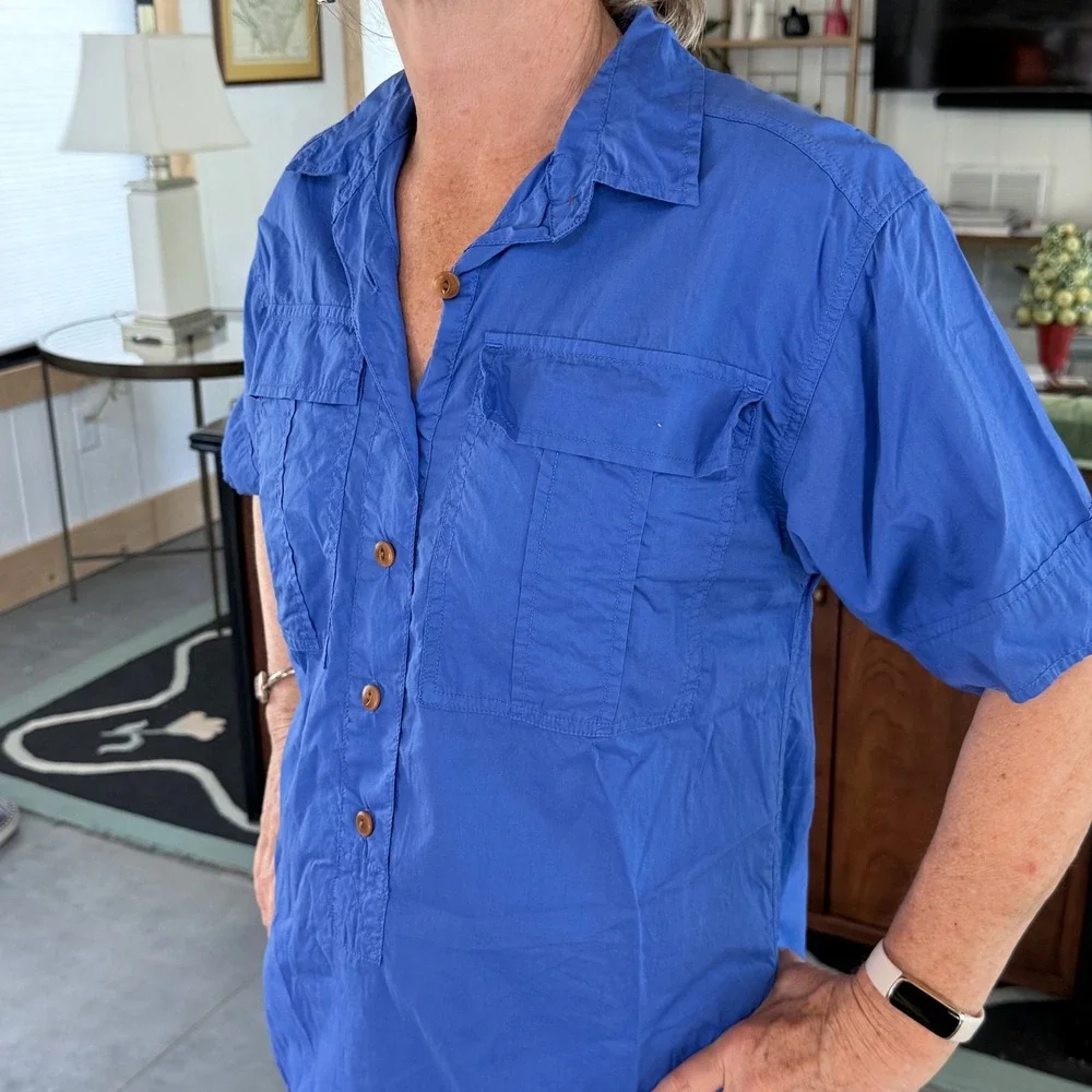 J.Crew‎ Women's XS Cobalt Blue Short Sleeve Button Front PULLOVER Shirt